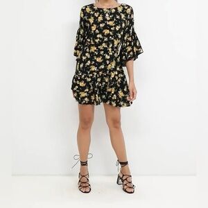Miss Selfridge Black Floral Bell Sleeve Mini Dress